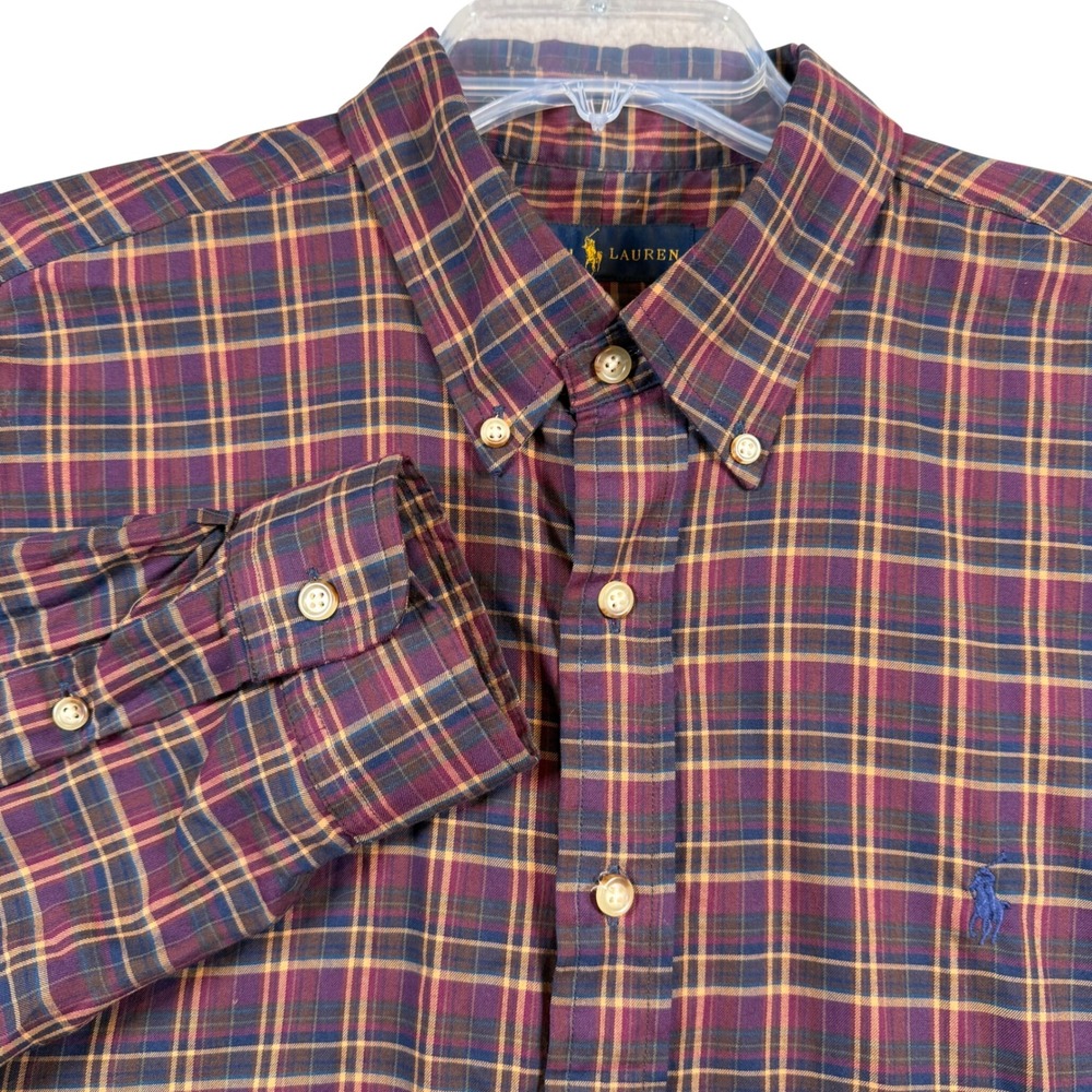 Ralph Lauren Button Down Shirt Mens XL Burgundy Plaid Long Sleeve Cotton Logo